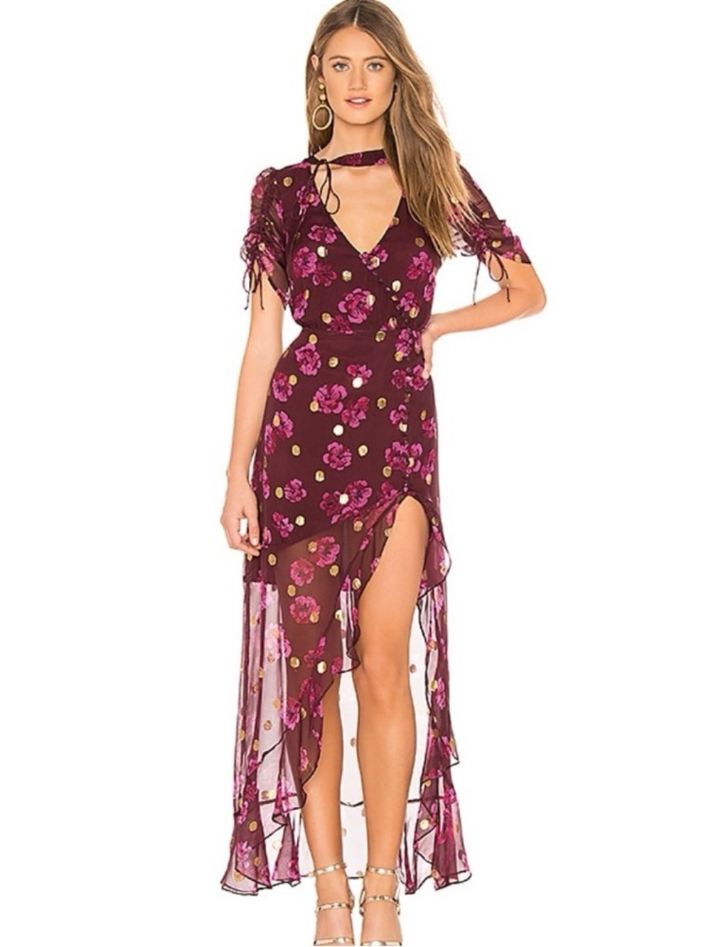 For Love & Lemons Stella Metallic Dots Floral Ruffles Slit Dress NWT